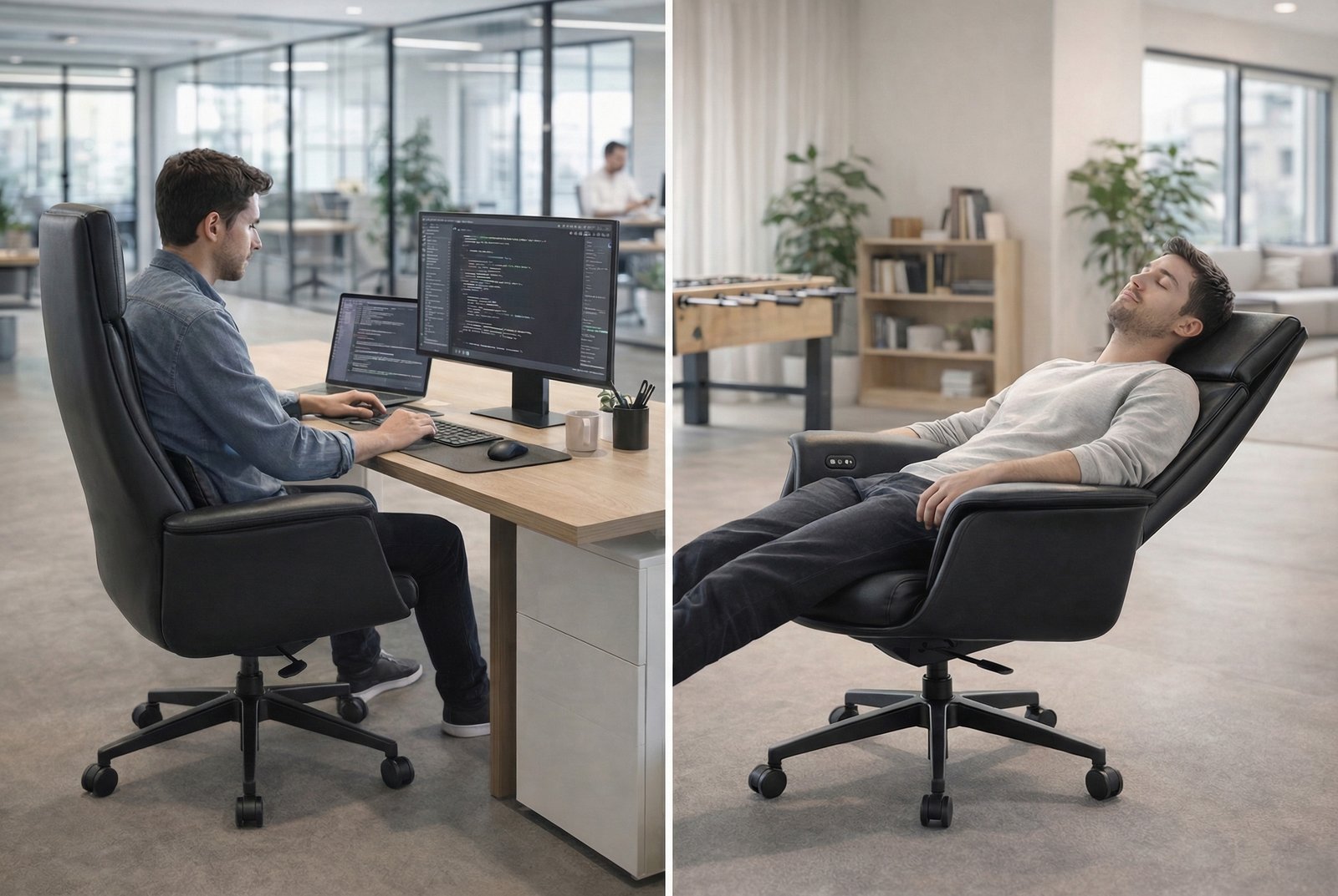 Massage silencieux qui respecte la concentration collective. Design sobre qui s'harmonise avec tout aménagement. Mobilité facile grâce aux roulettes silencieuses. Idéal pour startups, agences, coworkings.